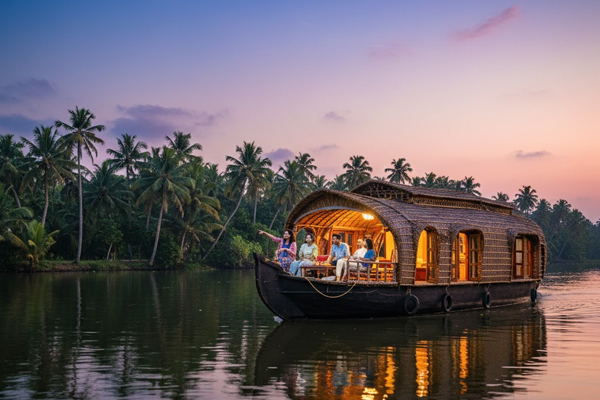 Tourist enjoying Kerala houseboat journey with Marari Taxi Service